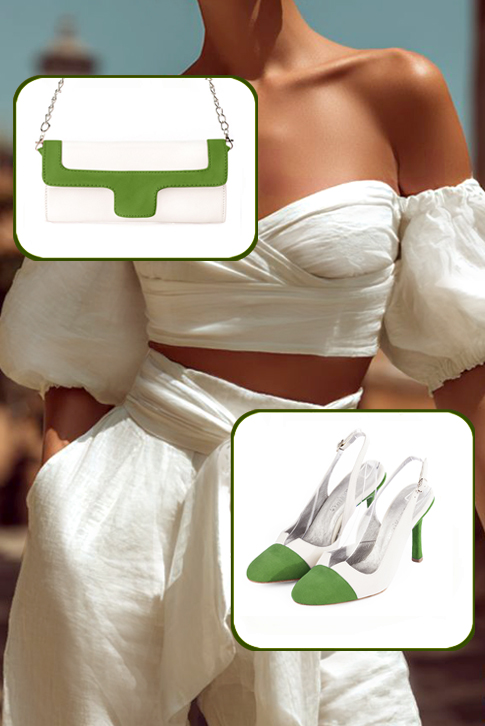 Women's grass green and off white elegant slingback heels. Round toe. High slim heel - Worn view